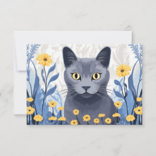 Ryska Blue Cat Gula blommor Tack Kort