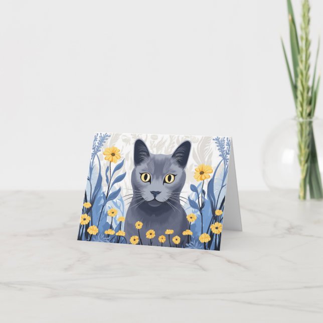 Ryska Blue Cat Gula blommor Tack Kort (Framsida)