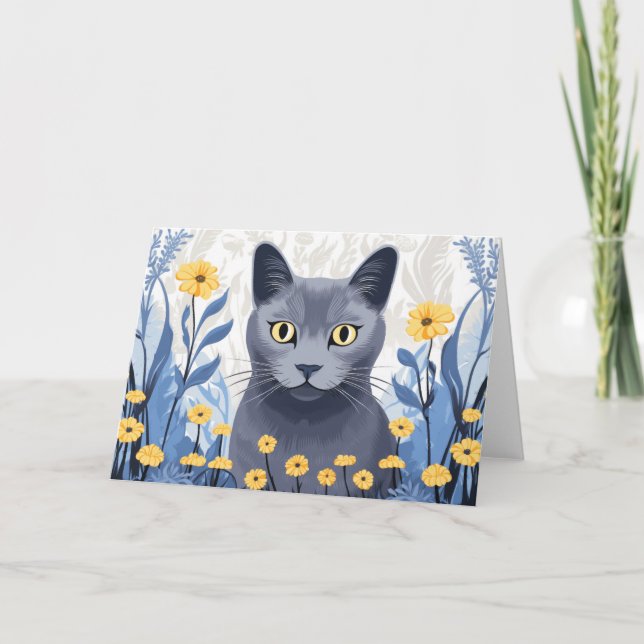 Ryska Blue Cat Gula blommor Tack Kort (Framsida)