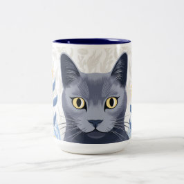 Ryska Blue Cat Gula blommor Två-Tonad Mugg