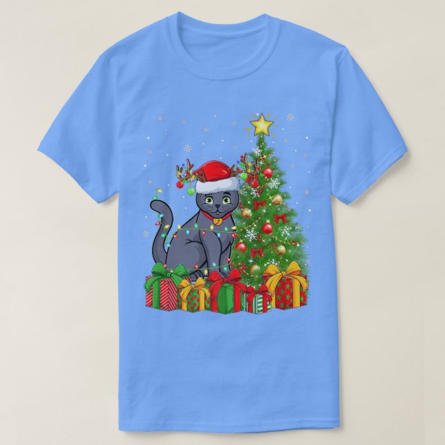 ryska Blue Cat Lighting Julafton Träd ryska Blue C T Shirt (Design framsida)