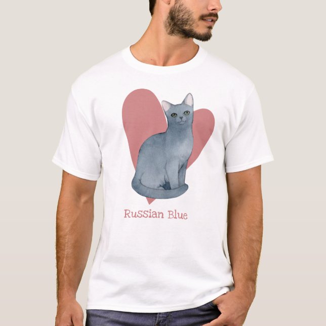 ryska Blue Cat Watercolor Kattunge Rosa Heart T Shirt (Framsida)