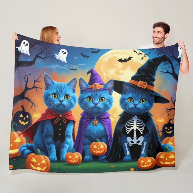 ryska Blue Cats Pumpkin Halloween Funny Fleecefilt (På plats)