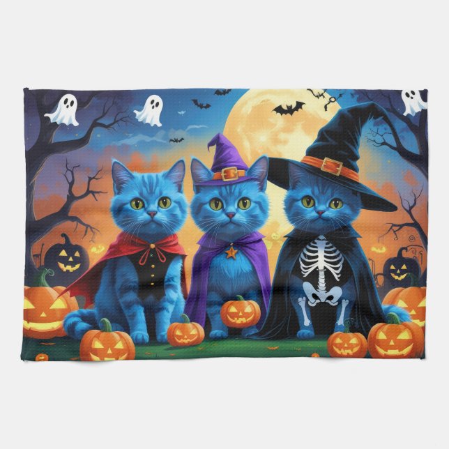 ryska Blue Cats Pumpkin Halloween Funny Kökshandduk (Horisontell)