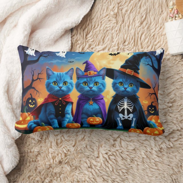 ryska Blue Cats Pumpkin Halloween Funny Lumbarkudde (Filt)
