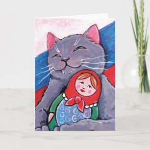Ryska Blue och Babushka Doll Patriotic Cat Art Kort