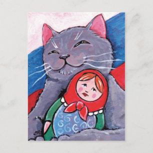 Ryska Blue och Babushka Doll Patriotic Cat Art Vykort