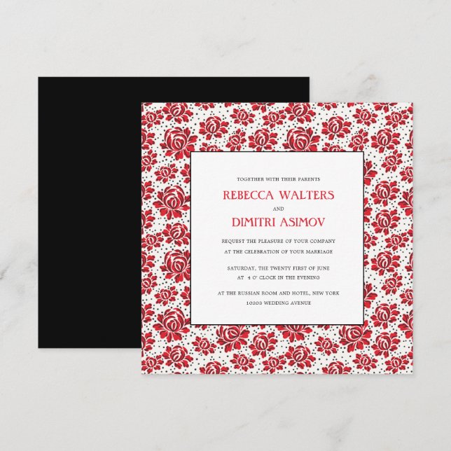 ryska Folk Art Red Flowers Bröllop Invita Inbjudningar (Fram/baksida)