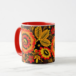 ryska Khokhloma Mönster Black Red Botanical Mugg