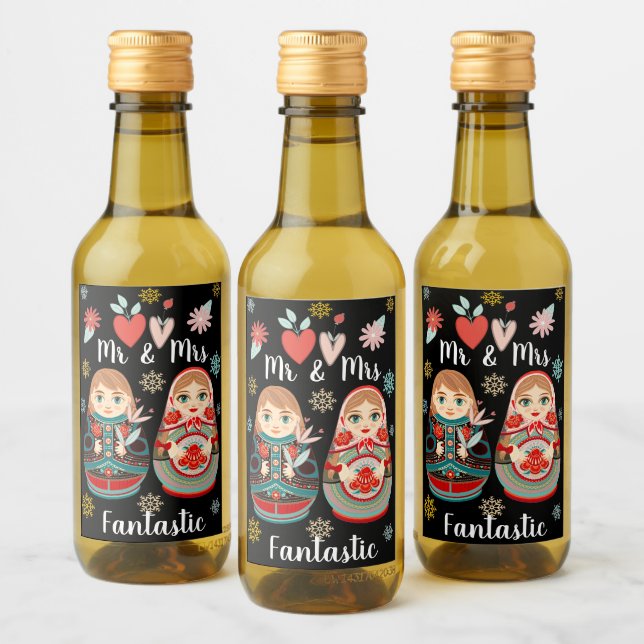 Ryska Matryoshka Dolls, Mr & Mrs Snöflingor Vinetikett (Flaskor)