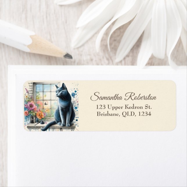 Ryskt blått Grått-katt på sommarblomman Returadress Etikett (Insitu)