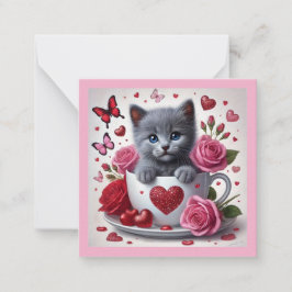 Ryskt Blue Kitten Valentine Day Classroom Anteckningskort