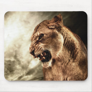 Ryta lioness mot stormig himmel musmatta