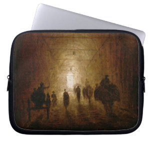 Ryttare och gångare som passerar till och med ett laptop sleeve