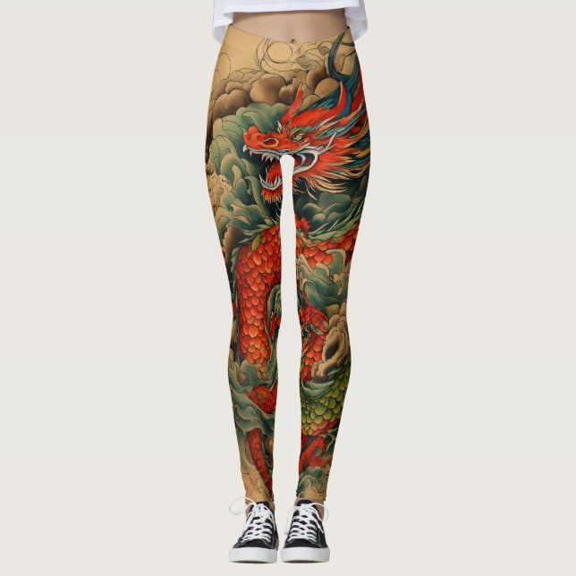 Ryū no Yume: Majestic Japansk Dragon Back Tattoo Leggings (Framsida)