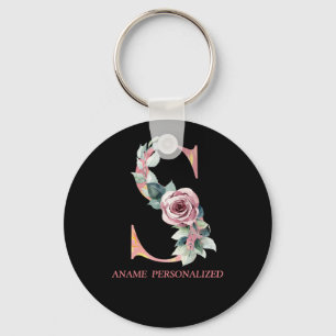 S Blommigt Monogram Namn Brev Rosa Agate Keychain Nyckelring