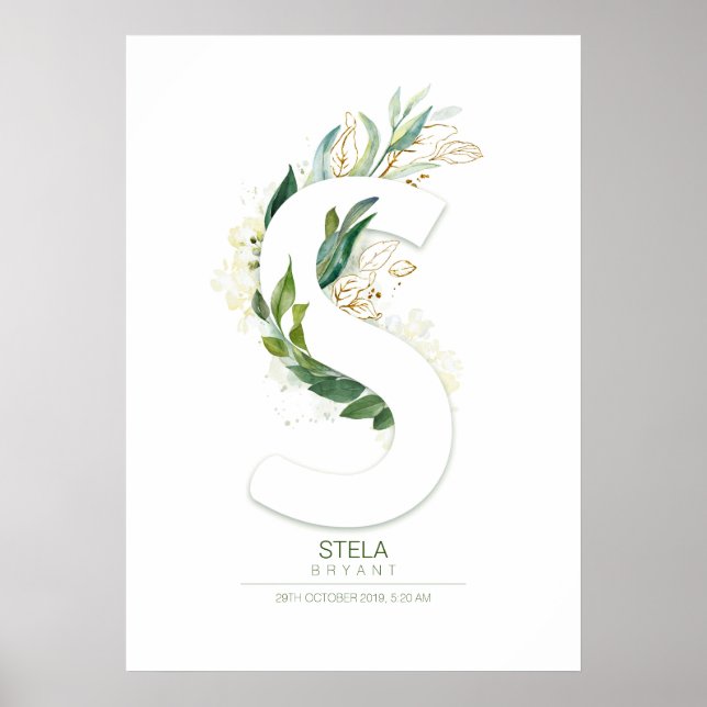 S Bokstavsmonogram Guld Greenery Blad Chic Poster (Framsidan)