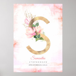 S Brev Monogram Guld Löv Rosa Magnolia Blommigt Poster