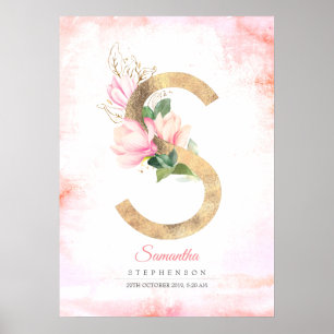 S Brev Monogram Guld Löv Rosa Magnolia Blommigt Poster