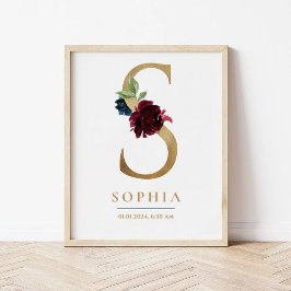 S Brev Monogram Namn Marsala Blommigt Nursery Poster