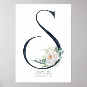 S Brev Monogram White Flowers and Greenery Poster