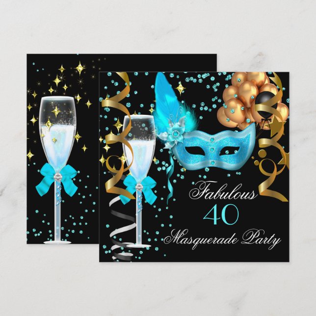 S fantastisk teal guld svart maskeradfest inbjudningar (Fram/baksida)