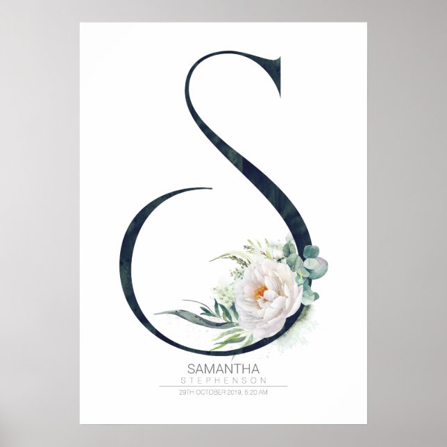 S Initial Monogram Vita Blommor och Grönska Poster (Framsidan)