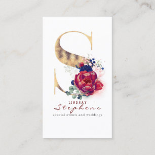 S Monogram Burgundy Guld och marinblå Blommigt Visitkort