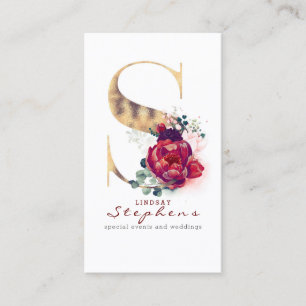 S Monogram Burgundy Red Flowers och Guld Glitter Visitkort