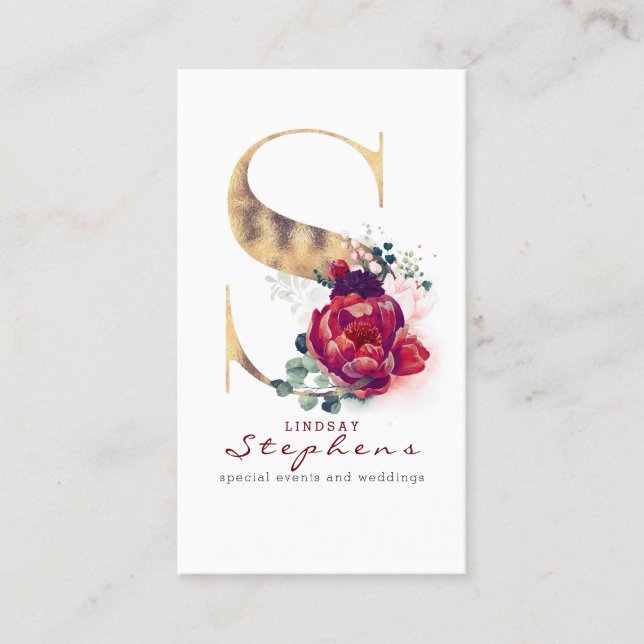 S Monogram Burgundy Red Flowers och Guld Glitter Visitkort (Framsida)