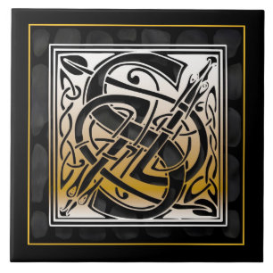 S Monogram Celtic Black Stone Ceramic Tiles Kakelplatta