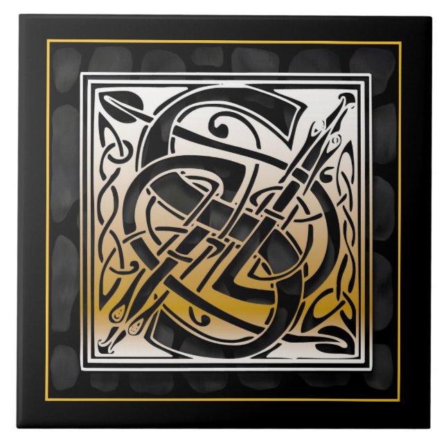 S Monogram Celtic Black Stone Ceramic Tiles Kakelplatta (Framsidan)
