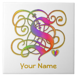 S Monogram ditt namn keramisk platta "Gothic Rainb Kakelplatta