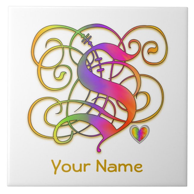 S Monogram ditt namn keramisk platta "Gothic Rainb Kakelplatta (Framsidan)
