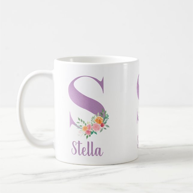 S Monogram Lila Blommigt Personlig för vattenfärg Kaffemugg (Vänster)