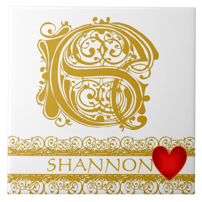 S Monogram Namn Guld Snöre Red Heart Template Tile Kakelplatta (Framsidan)