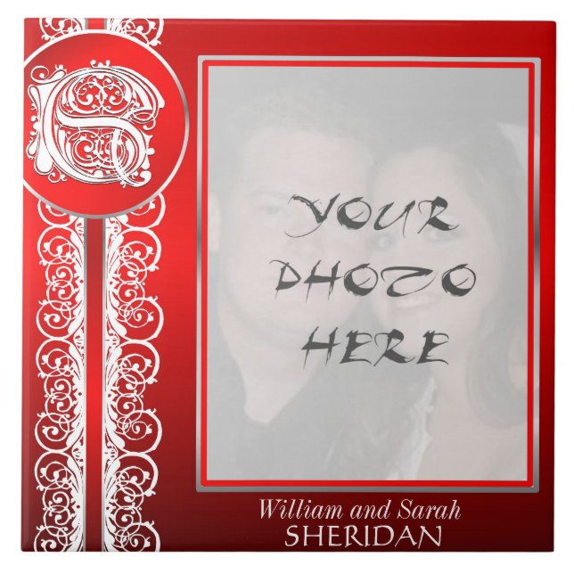 S Monogram "vit Snöre på rött" med foto - Tile Kakelplatta (Framsidan)