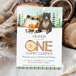 S more Camping Bear ONE Lycklig Camper 1st Birthda Inbjudningar