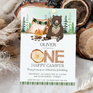 S more Camping Bear ONE Lycklig Camper 1st Birthda Inbjudningar