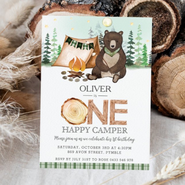S more Camping Bear ONE Lycklig Camper 1st Birthda Inbjudningar (Skapare uppladdad)