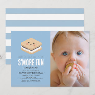 S more Roligt Kawaii Blue Boy 1st Birthday Photo Inbjudningar