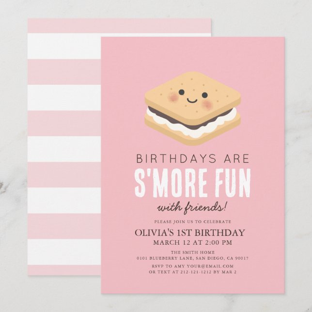 S more Roligt Kawaii Rosa Girl Girl 1 Birthday Inbjudningar (Fram/baksida)