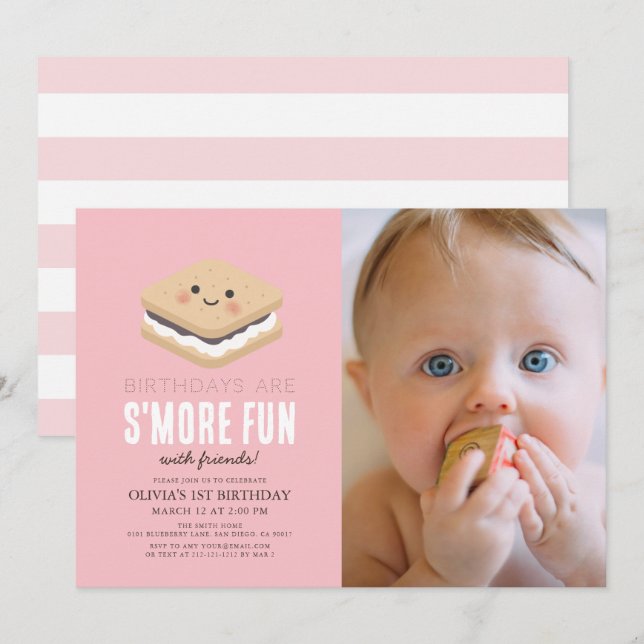 S more Roligt Kawaii Rosa Girl Girl 1 Birthday Pho Inbjudningar (Fram/baksida)