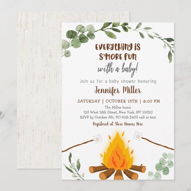 S Mores Campfire Bonfire Greenery Baby Shower Invi Inbjudningar (Fram/baksida)