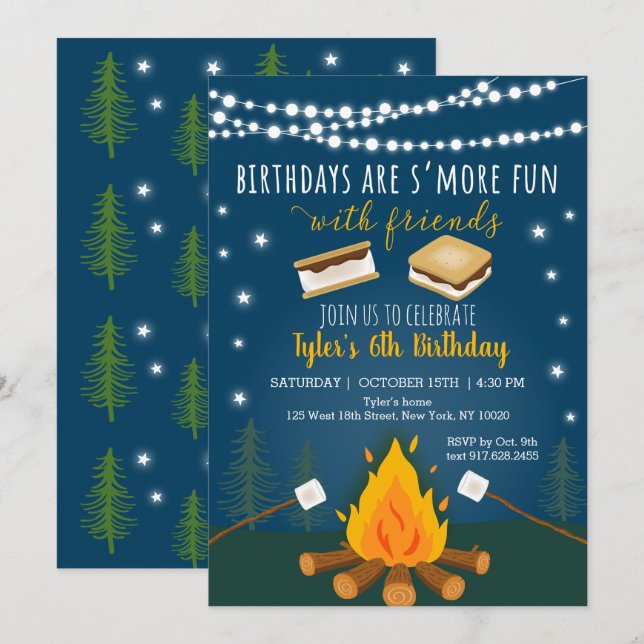 S Mores Camping Campfire Bonfire Birthday Inbjudningar (Fram/baksida)