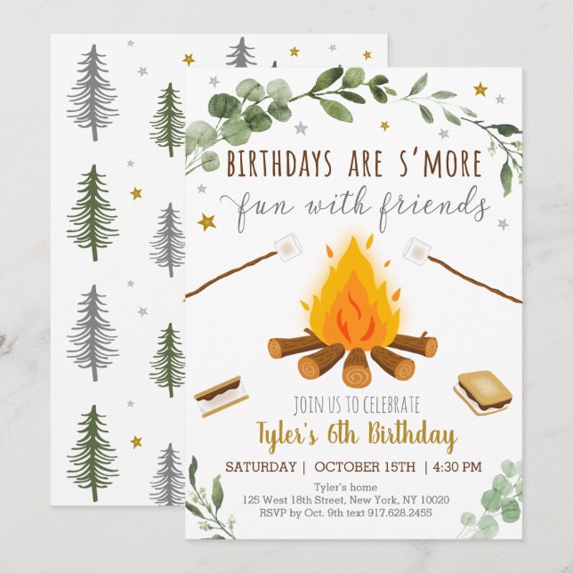 S Mores Camping Campfire Bonfire Birthday Inbjudningar (Fram/baksida)