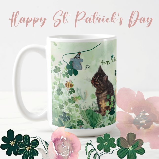 S. Patrick Helgdag Mugg med katt och mus (Happy St Patrick's Day with Music Mug featuring Cat and mice with beautiful Nature as background )