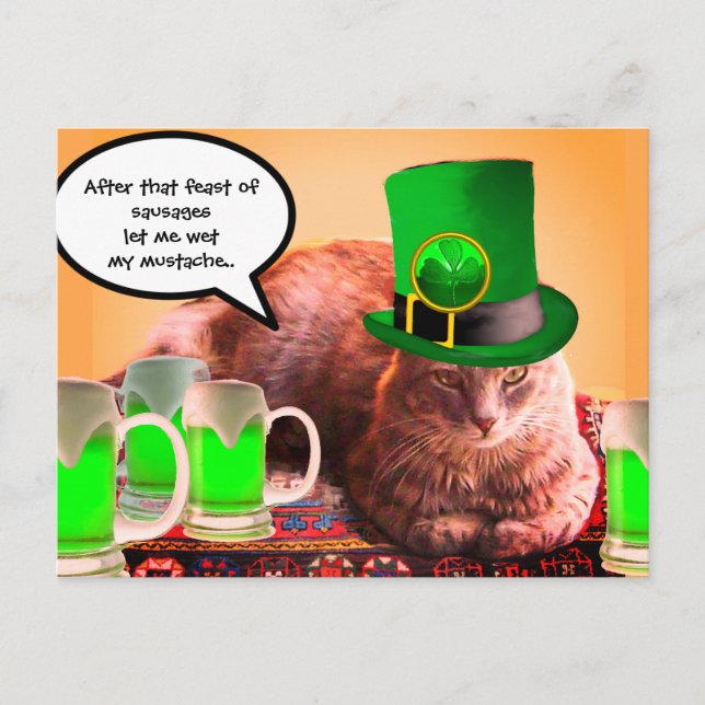 S. PATRICK'S DAY CAT LEPRECHAUN HAT IRISH ÖL VYKORT (Framsida)