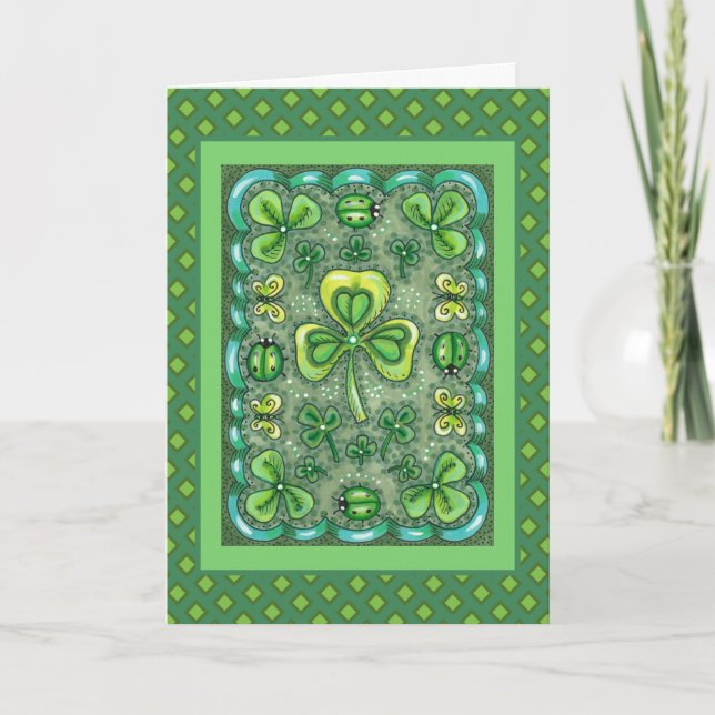 S. PATRICK'S DAY FOLK ART SHAMROCKS N'LADYBUGS HELGKORT (Framsida)