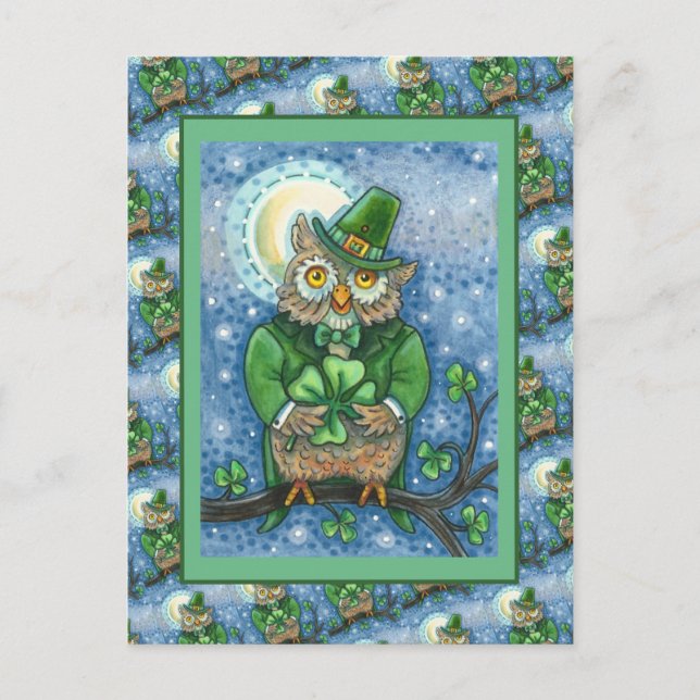 S. PATRICK'S DAY UGGLA, 4 LÖV KLÖVER LEPRECHAUN VYKORT (Framsida)